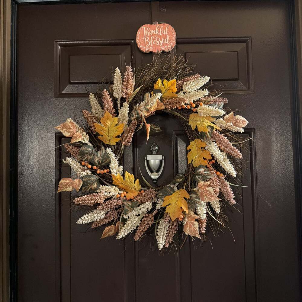 White Orange Hydrangea Artificial Fall Harvest Twig Wreath, 28", Unlit